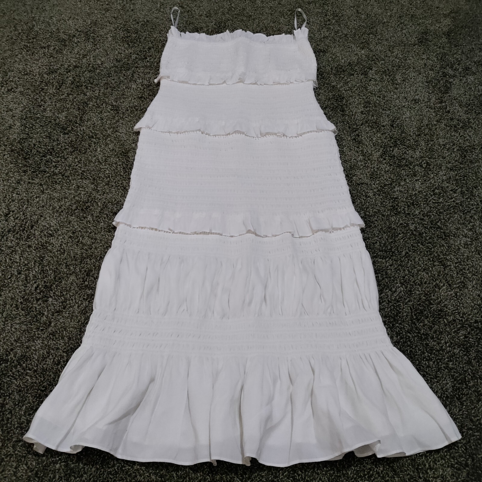 Gianni Bini White Ruffle Tiered Ruched Midi Dress Size 12 Spaghetti Strap