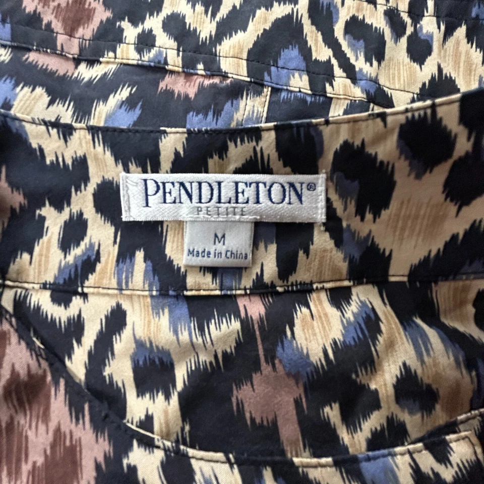 Blusa Pendleton Mujer Leopardo Abotonada Manga Larga Mediana Pequeña Marrón Seda Foto 3 de 4