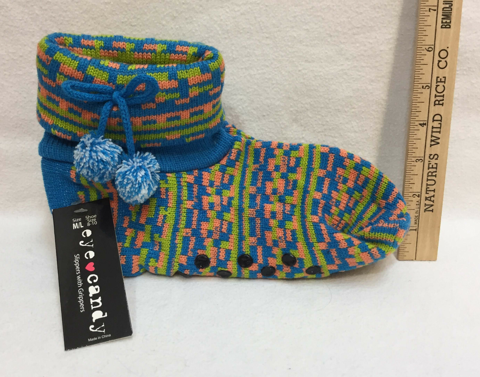Non-Slip Pom Pom Slipper Socks in Blue Green Peach - Size M L  -image
