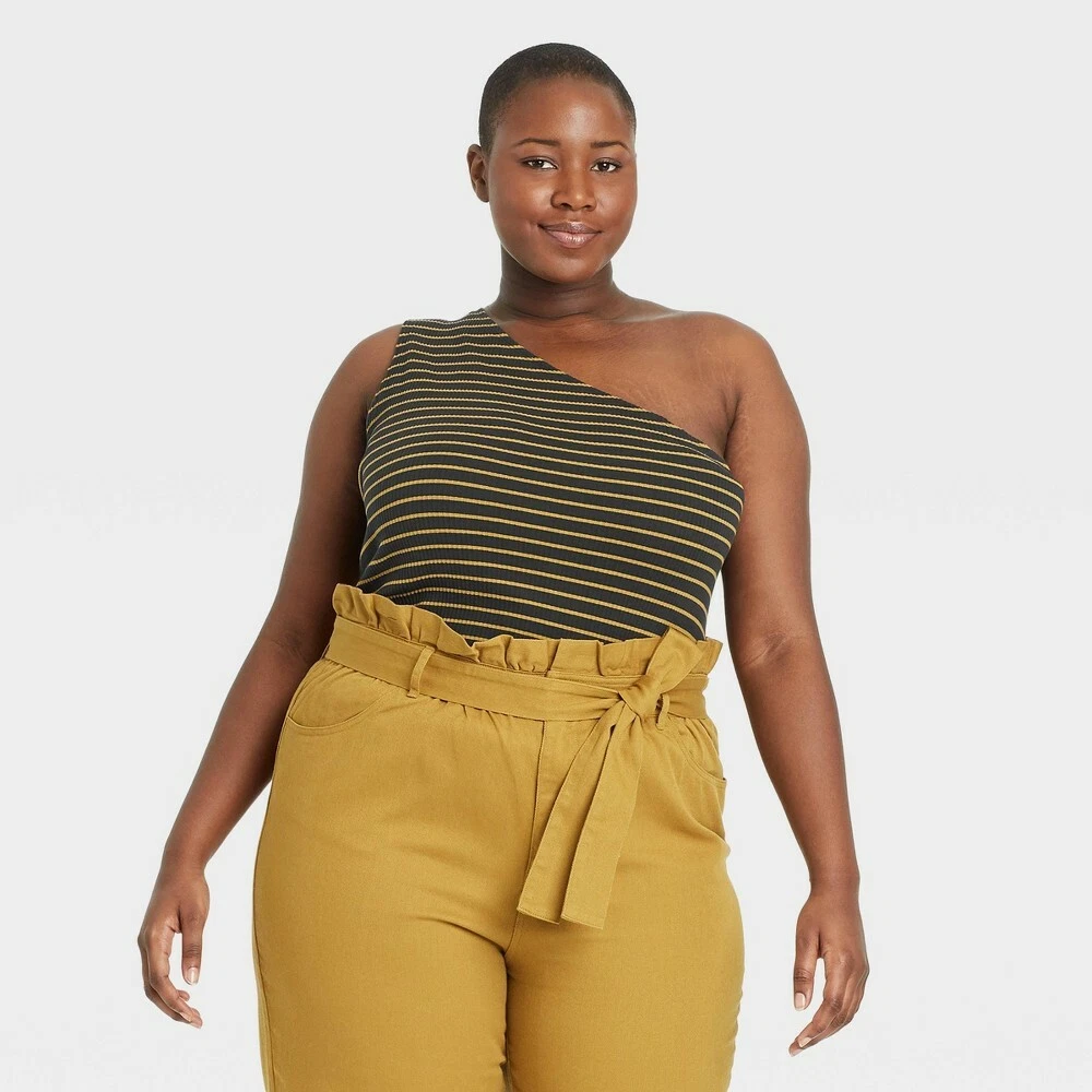 Women s Plus Size Striped One Shoulder Tank Top Who What Wear Black 3X