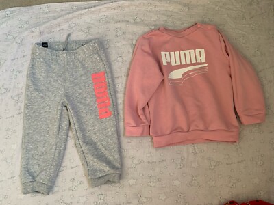 Baby Mädchen Puma Rosa Hellgrau Jogginghose und Pullover Set. EUC. Alter 12-18m 