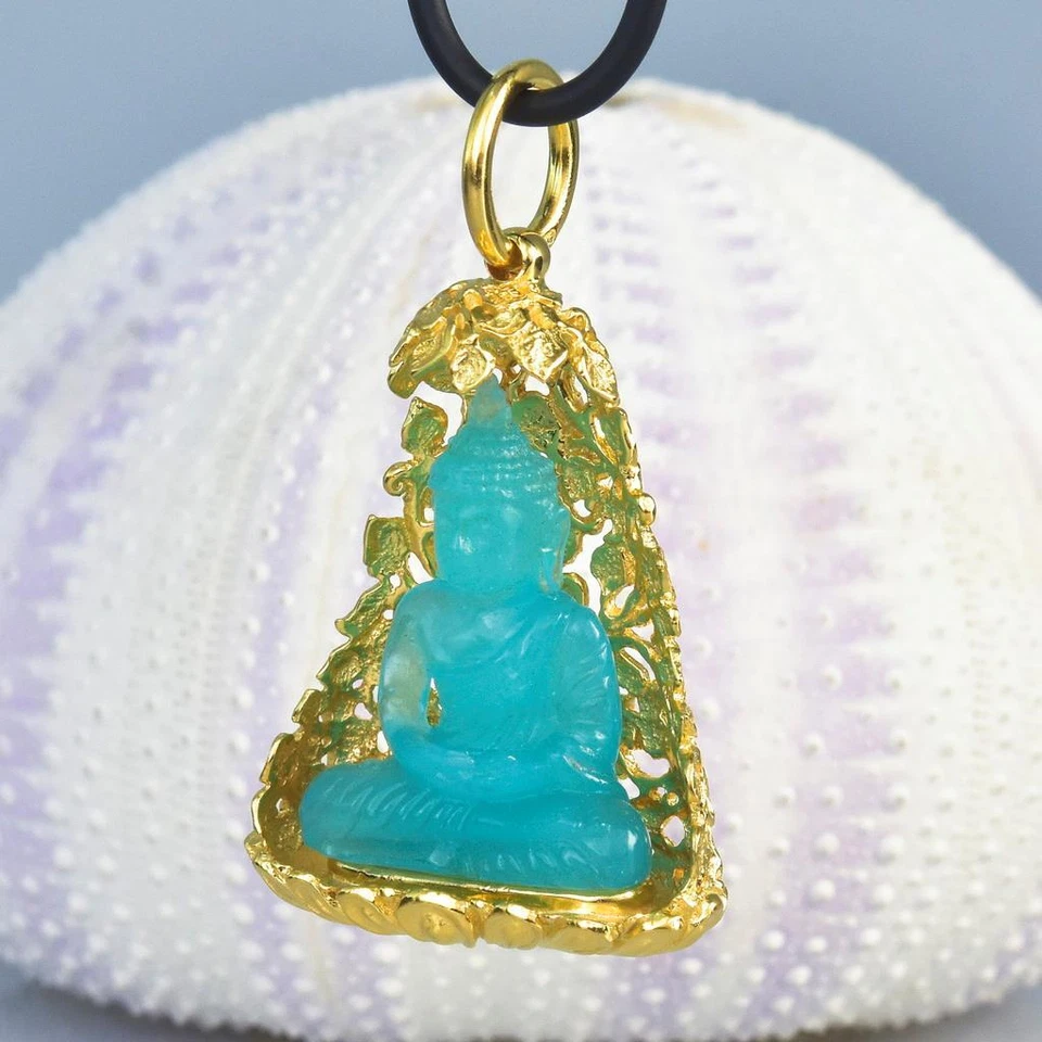 Pendant Buddha Image Gold Vermeil Sterling Bodhi Tree Blue Chalcedony 13.44 g - Image 4 of 4