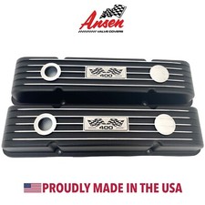 Small Block Chevy 400 Flag Logo Black Valve Covers Classic Finned - Ansen Usa