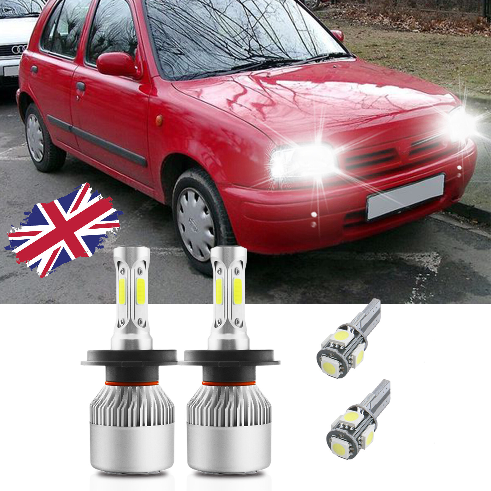 For Nissan Micra Headlight K11 K11 19932003 LED H4 Bulbs White + 501
