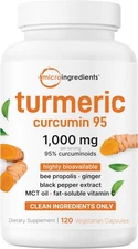 Pure Turmeric Curcumin Supplement w/ Black Pepper & MCT Oil - 120 Vegan Capsules