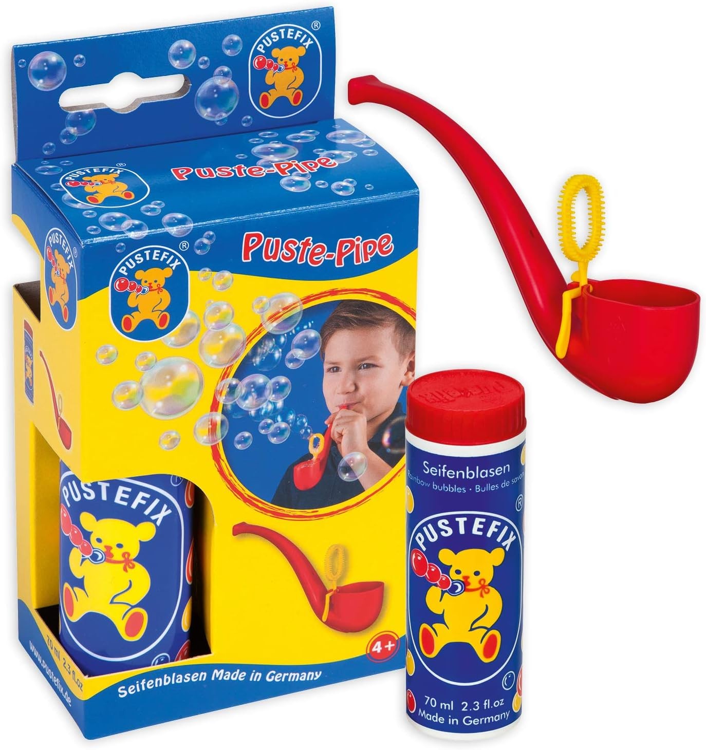 PUSTEFIX Bubbles Pipe, 70ml Bubble Solution, Colourful Bubbles, Made in Germany