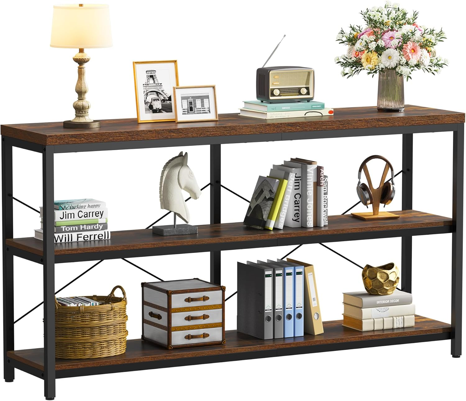 Semoic 3-Tier Industrial Bookshelf, Wide Wood Horizontal Bookcase, Open Large Bo