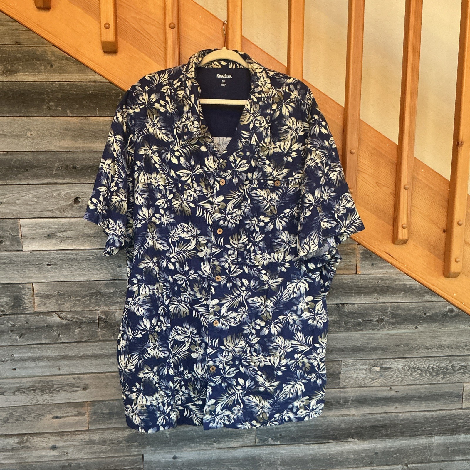 KingSize 4XL Big Hawaiian Shirt Blue Floral Linen Rayon Short Sleeve Casual