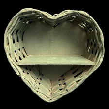 HEART-SHAPED Green Heavy Wooden Woven Divided Basket Wall Shelf