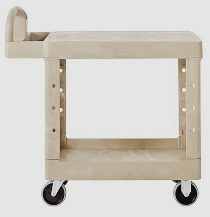 Carro utilitario comercial Rubbermaid estante plano dos estantes beige Foto 2 de 4