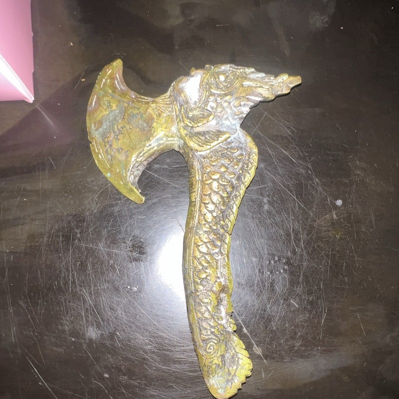 Gold Tone Metal Axe with Ornate Dragon Handle, Hidden Tang, Single Edge