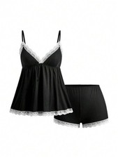 Women s Black Slim-Fit Spaghetti Strap Cami and Shorts Set for Summer Home or