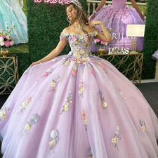 Princess Quinceanera Dresses 3D Flowers Birthday Party Prom Laverder Ball Gowns