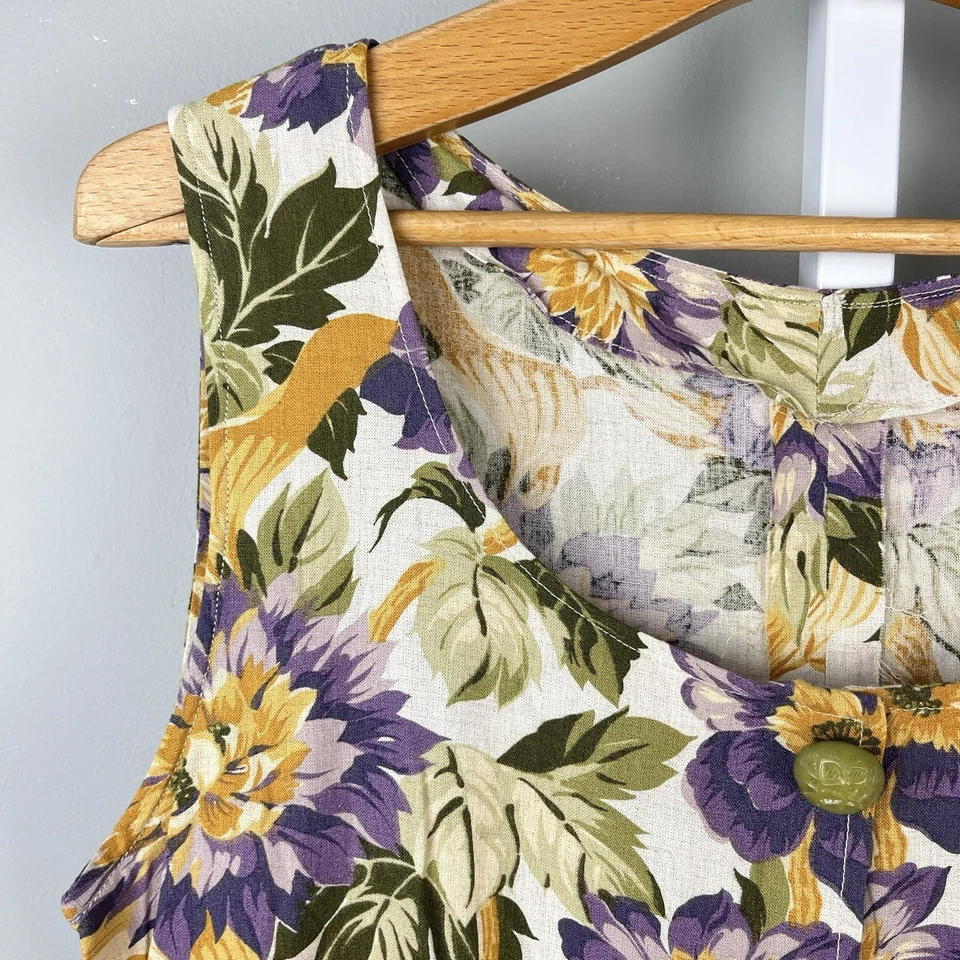 Bermuda Romper Feminina Vintage Feito à Mão Uma Peça Média? Floral dourado verde roxo - Imagem 4 de 4