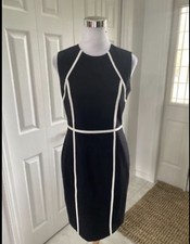 Calvin Klein Black Sheath Dress White Piping Contrast 60S Retro Bodycon Pencil 8