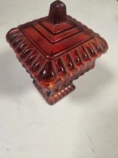 Vintage Jeanette Red Glass Square Wedding  Pedestal Box Candy Dish