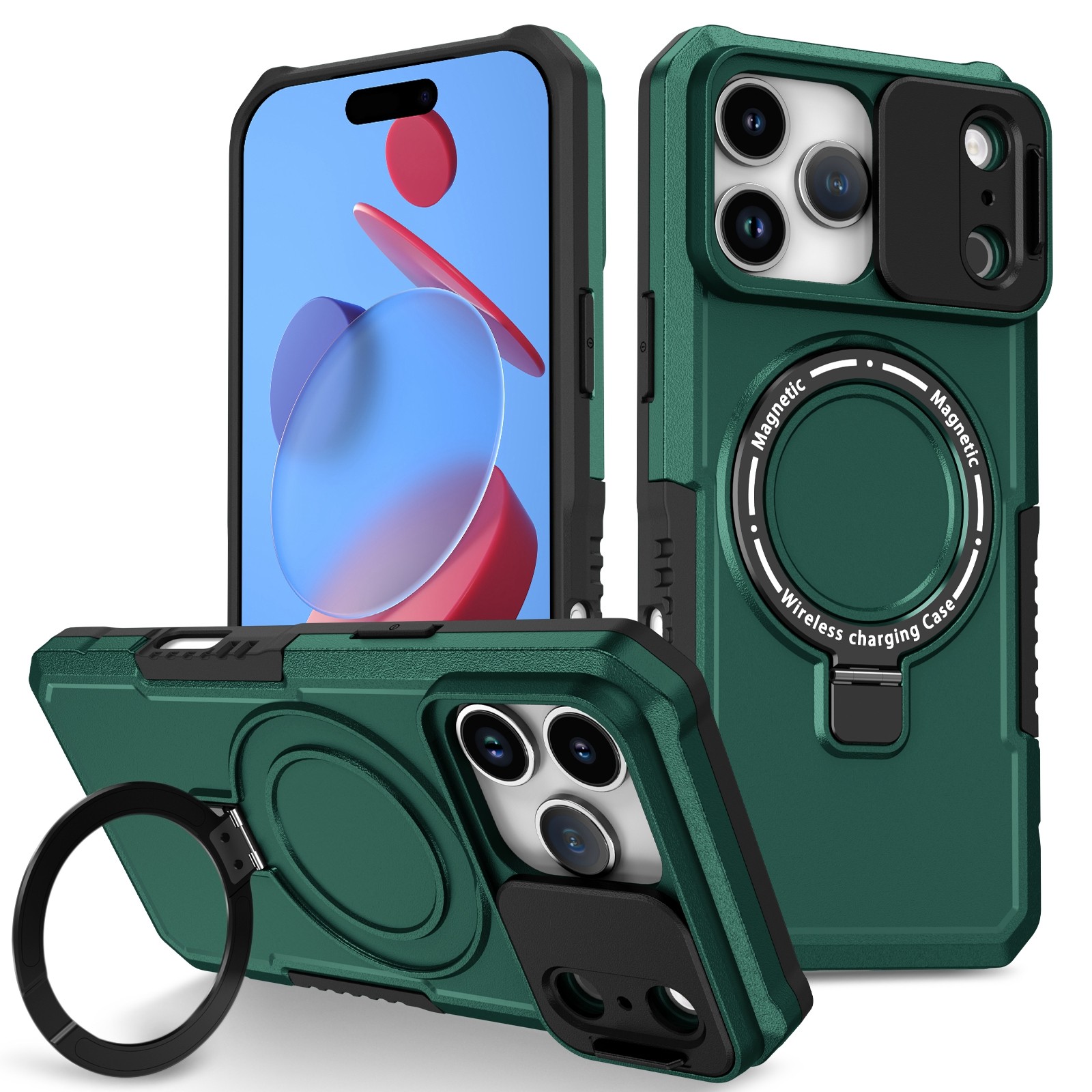 Rugged Shockproof Mag Safe Stand Case w Slide Camera Cover For iPhone 17 Pro Max