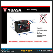 Battery fits CADILLAC BLS XLR CTS Yuasa 075 550A 60Ah 3Yr Warranty New
