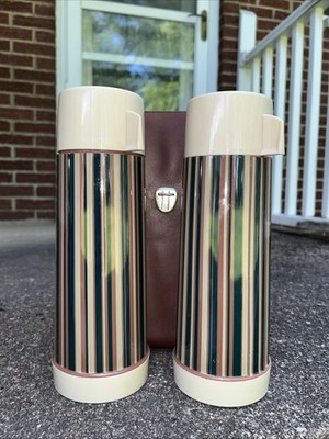 Vintage 1970's Aladdin Thermos Set with Leather Carrying Case Very Clean