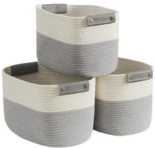 White Gray 3 PCS Woven Cotton Rope Storage Basket 15x10x9 Inch Organizer Bin