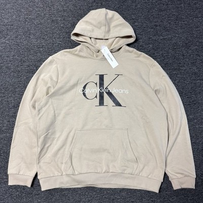 NWT Calvin Klein Beige Seasonal Monogram Pullover Sweatshirt Hoodie Mens Sz 2XL