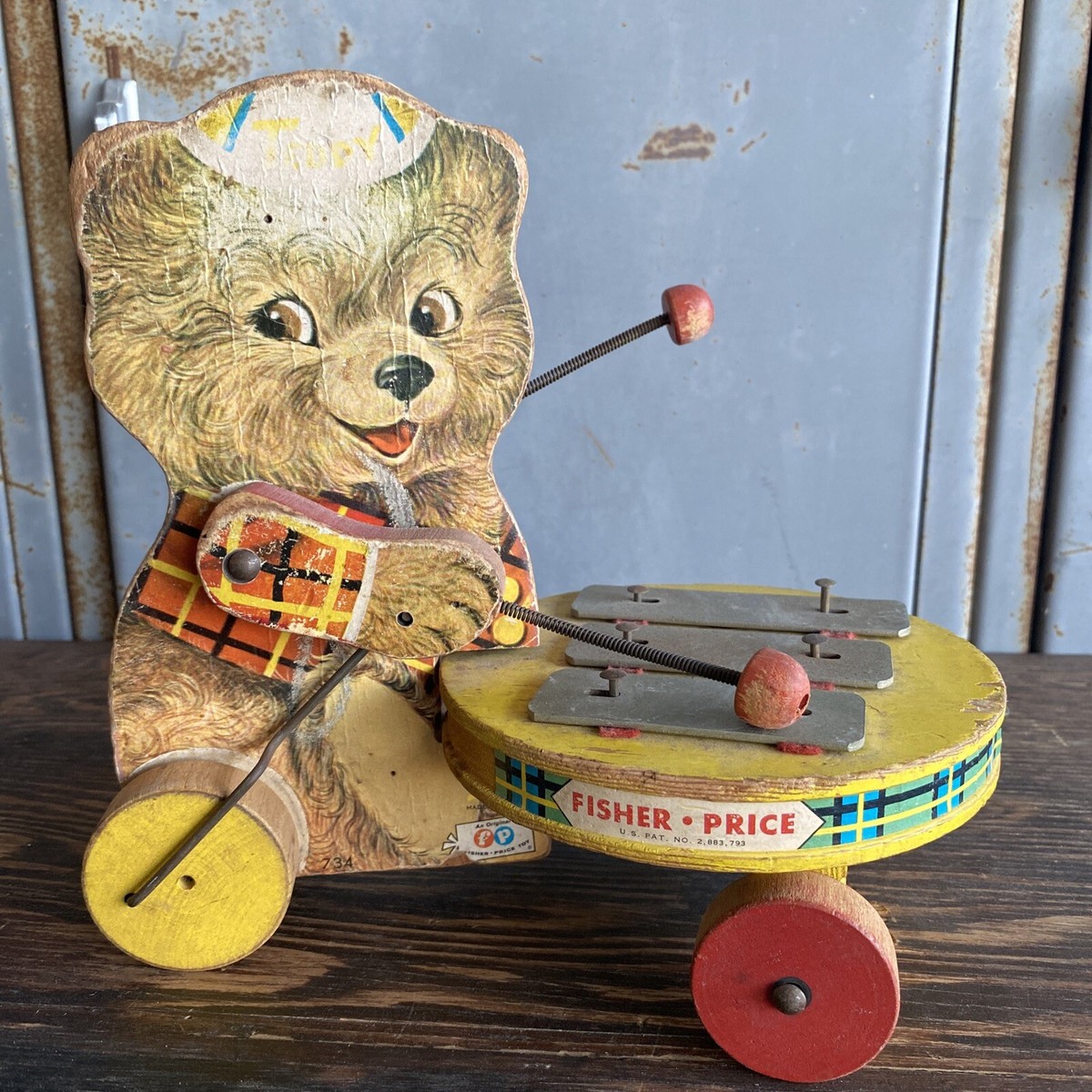 VINTAGE 1964 FISHER PRICE PULL TOY, TEDDY ZILO ON A XYLOPHONE