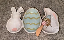 Mud Pie Home Easter Bunny Triple Tidbit Divided Dip Serving Set W/ Knife
