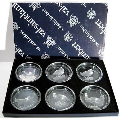Val Saint Lambert_Brussels _ Intaglio Crystal_Game Bird Coaster_Set of 6