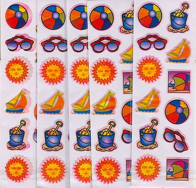 Bright colored beach items stickers. 12 stickers, 5 sheets, 60 total stickers.