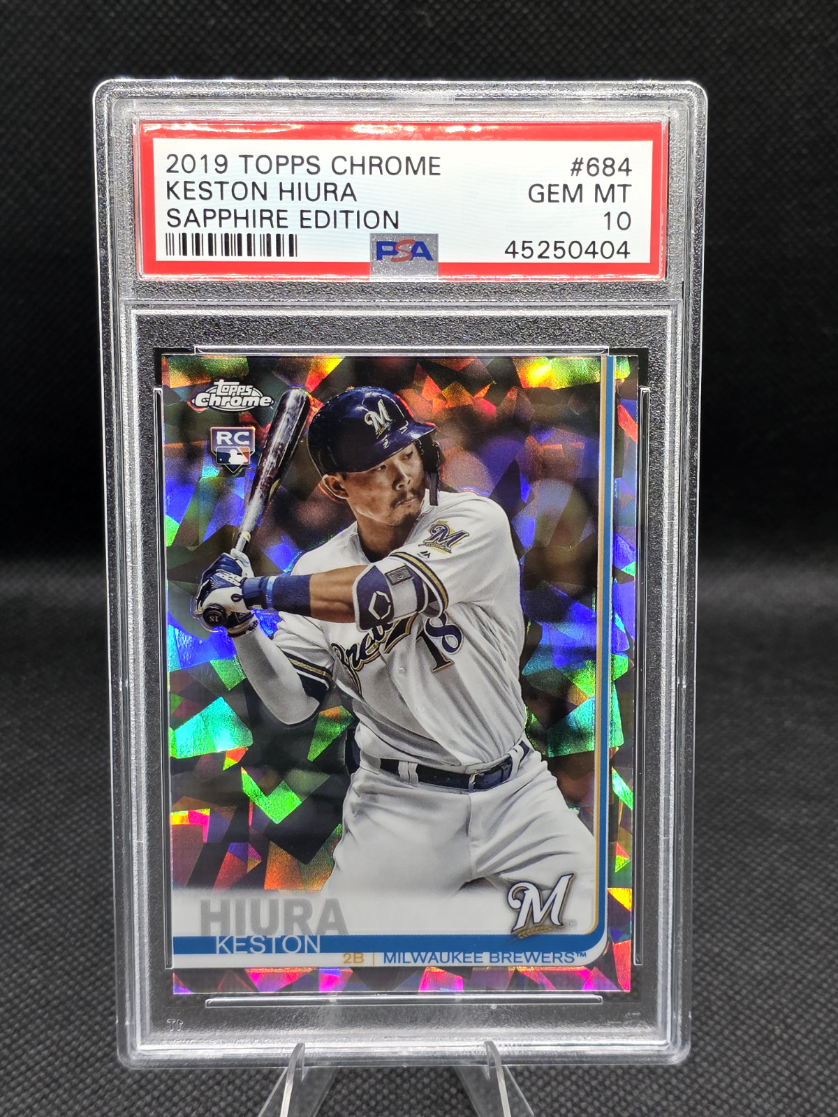 2019 Topps Chrome Sapphire #684 Keston Hiura PSA 10 GEM MT Rookie RC view 1