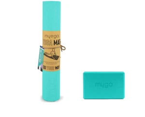 Myga Yoga Starter Kit Mat Block Carry Strap 4mm Thick Pilates Fitness Gym Blue