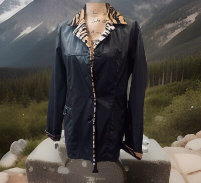 SELINE WOMENS BLACK & FAUX TIGER EMBOSSED ACCENTS BLAZER RAINCOAT SIZE M EUC