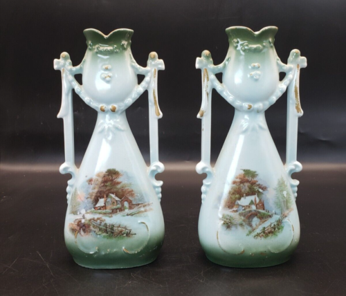 Vintage Pair of 19th. century porcelain Paris Church Wedding Vases - Picture 1 of 9