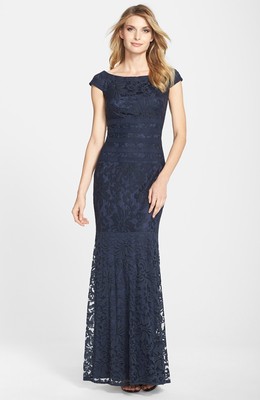 Tadashi Shoji Illusion-Lace Cap-Sleeve Gown - Blue 4