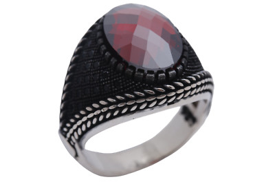 Turkish Style Handmade Jewelry Oval Shiny Ruby 925 Sterling Silver Men's Ring