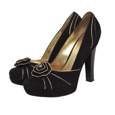 ESCADA Pumps Gr 38 Veloursleder Schwarz Black Gold Rosen Suede High Heels Leathe