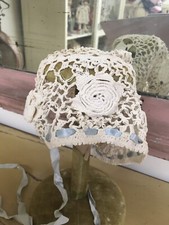 antique Crochet  baby bonnet Handmade Ribbon Trim Floral Design 1920-1940 A