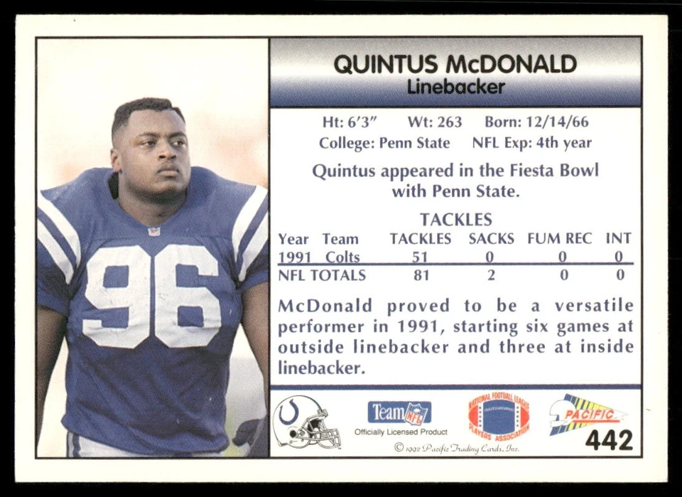 1992 Pacific #442 Quintus McDonald Indianapolis Colts Football Card - Image 2 of 2