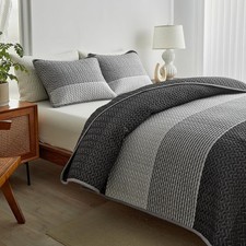Boho Striped Quilt Set King Size 3 Pcs Grey White Reversible Bedspread