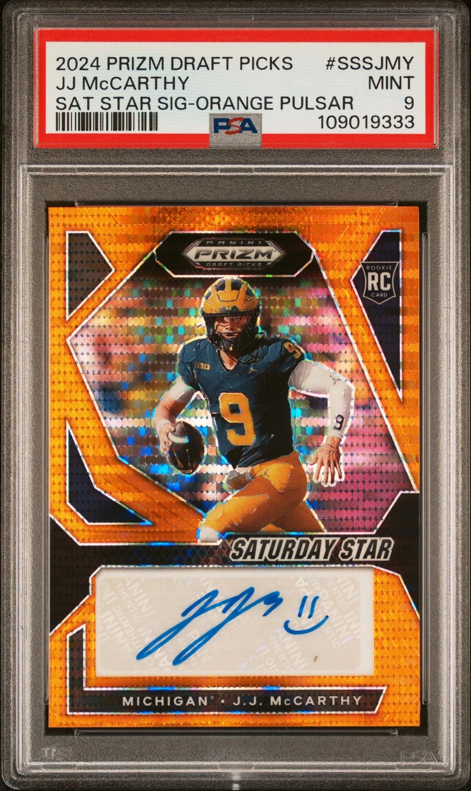 JJ McCarthy Panini Prizm Draft Picks Saturday Star Signatures #SSSJMY Orange Pulsar