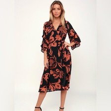 Lulu's Black and Coral Floral Wrap Midi Party Dress