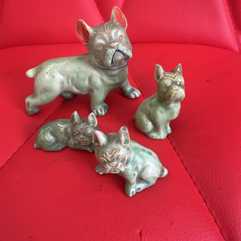 4 Vintage Bulldogs Dog Green  Figurine  Ceramic Made in Japan Porcelain