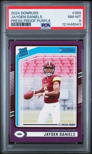 2024 PANINI DONRUSS PRESS PROOF PURPLE #389 JAYDEN DANIELS ROOKIE RC PSA 8