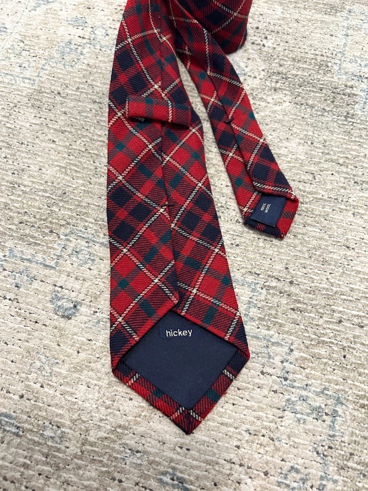 Corbata Hickey Freeman Made Italy roja azul tartán lana a cuadros delgada Foto 3 de 4
