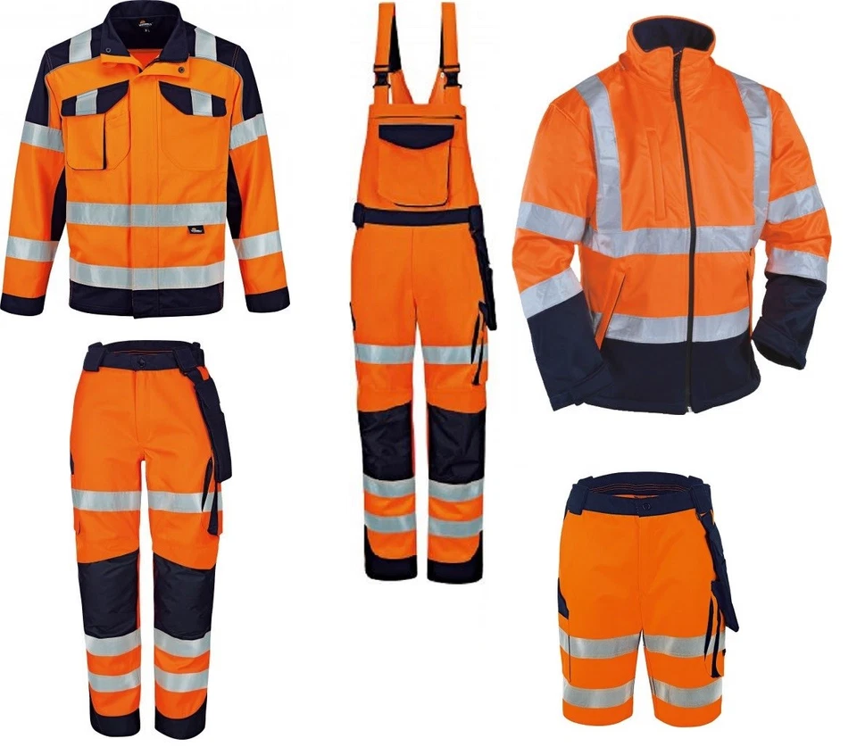 VIZWELL Warnschutz Latzhose Bundhose Arbeitsjacke Softshelljacke orange/marine