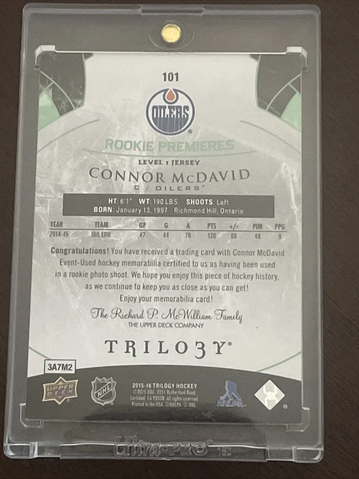 2015-16 Trilogy Connor McDavid ROOKIE PREMIERES JERSEY RC OILERS #101  /599 - Image 3 of 3