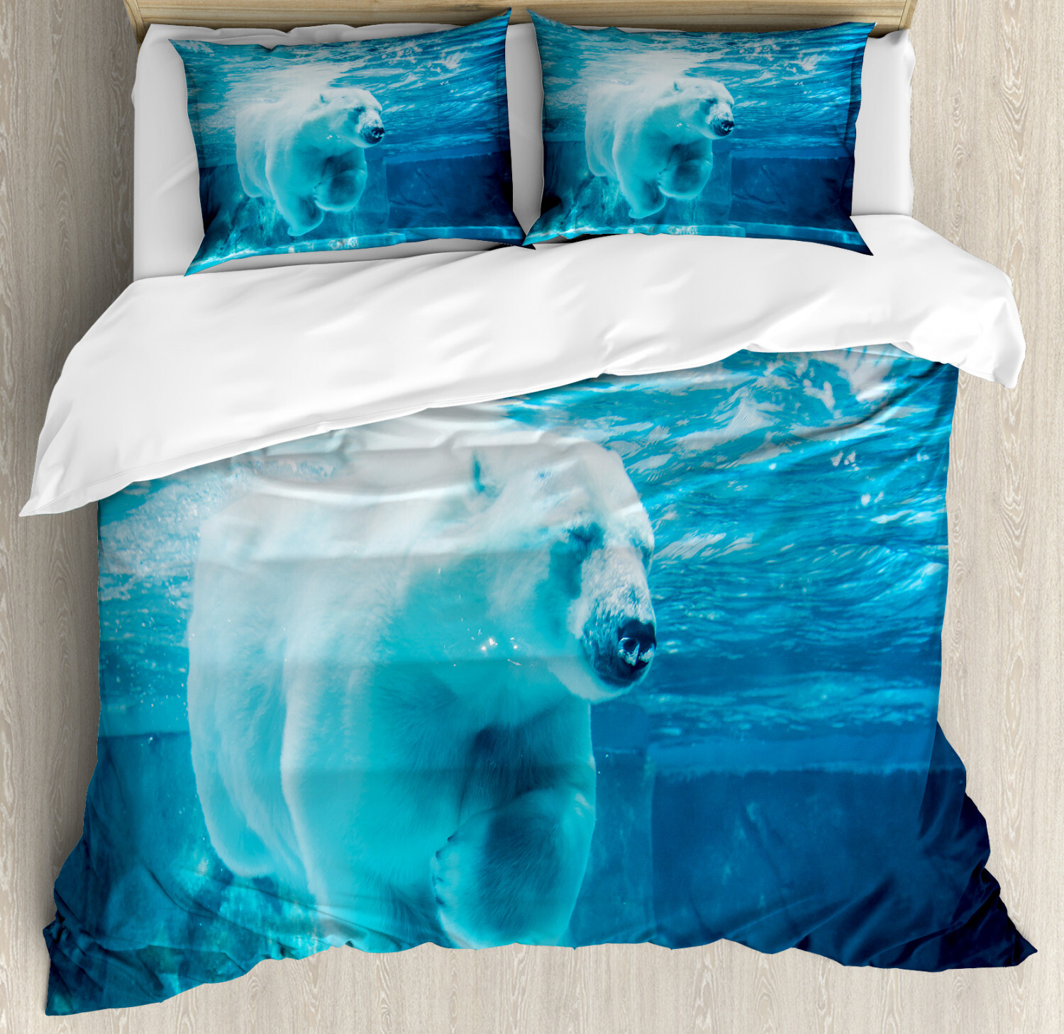 Bear Duvet Cover Set with Pillow Shams Arctic Polar Underwater Print-image