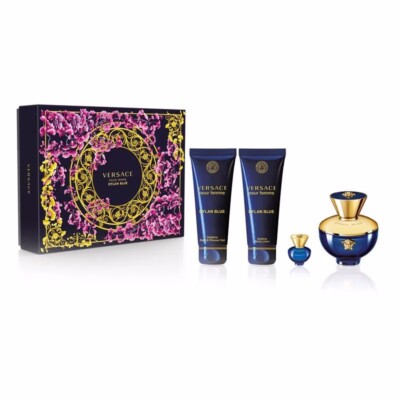 Versace Dylan Blue 4pc set 3.4oz EDT + Mini + 3.4oz Bath Gel + 3.4oz Body Lotion