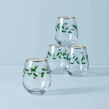 Lenox Crystal HOLIDAY  Christmas Holly Stemless Wine Glasses - Set of Four N/O