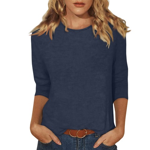 Women's Fashion Casual Three Quarter Sleeve T-Shirt Solid Color O-Neck Tops - Picture 26 of 30